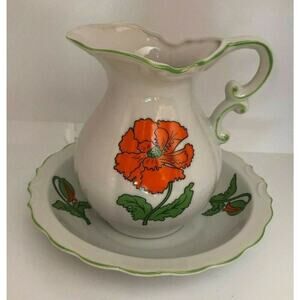 Vintage Seven Seas Bath Fashions Kitchen Flower Retro Pitcher & Bowl Japan